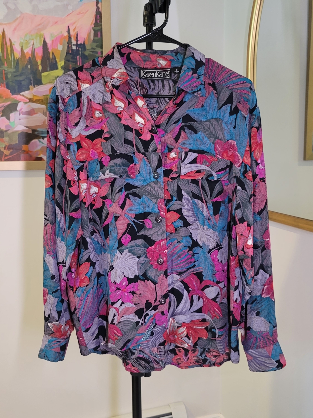 Vintage KAREN KANE 100% Rayon Button Down Shirt Made in USA Floral